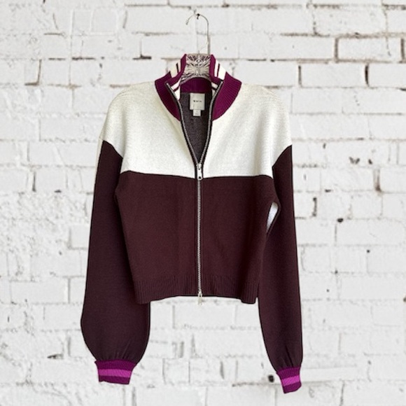 Anthropologie Maeve Brown/White/Pink Color Block Zippered Sweater Size Small - Picture 2 of 14